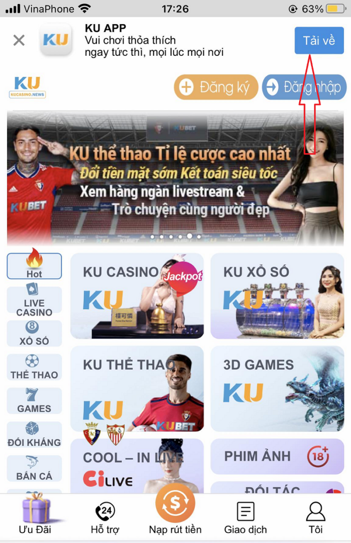 Nhấn tải app Ku Casino cho IOS