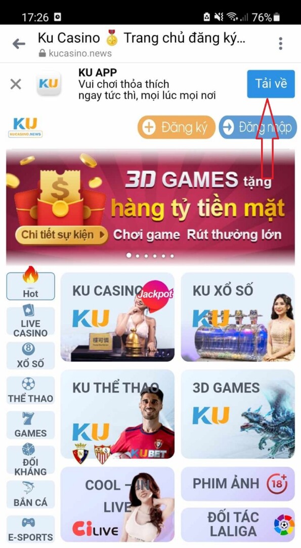 Truy cập vào nhà cái Kubet trên điện thoại Android