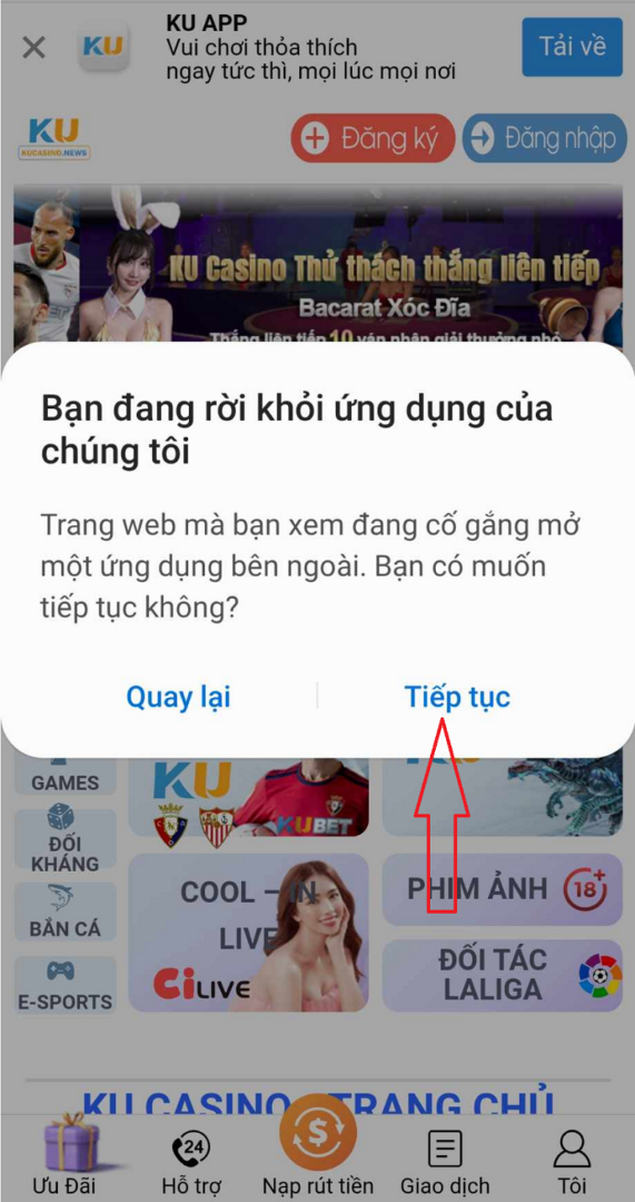 Tiếp tục quá trình tải app